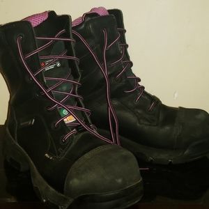Black, with pink accents, pair of size 8½ Wolverine Safety Boots